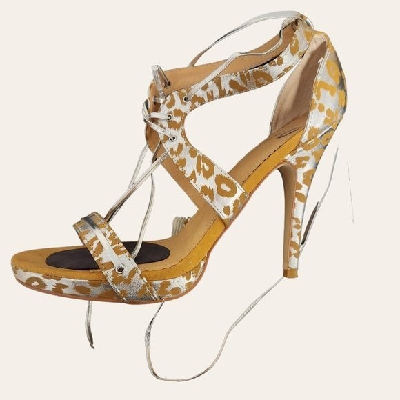 Colin Stuart Metallic Leopard Cheetah Animal Print Gold Silver Lace Up Wrap heel - Picture 12 of 16